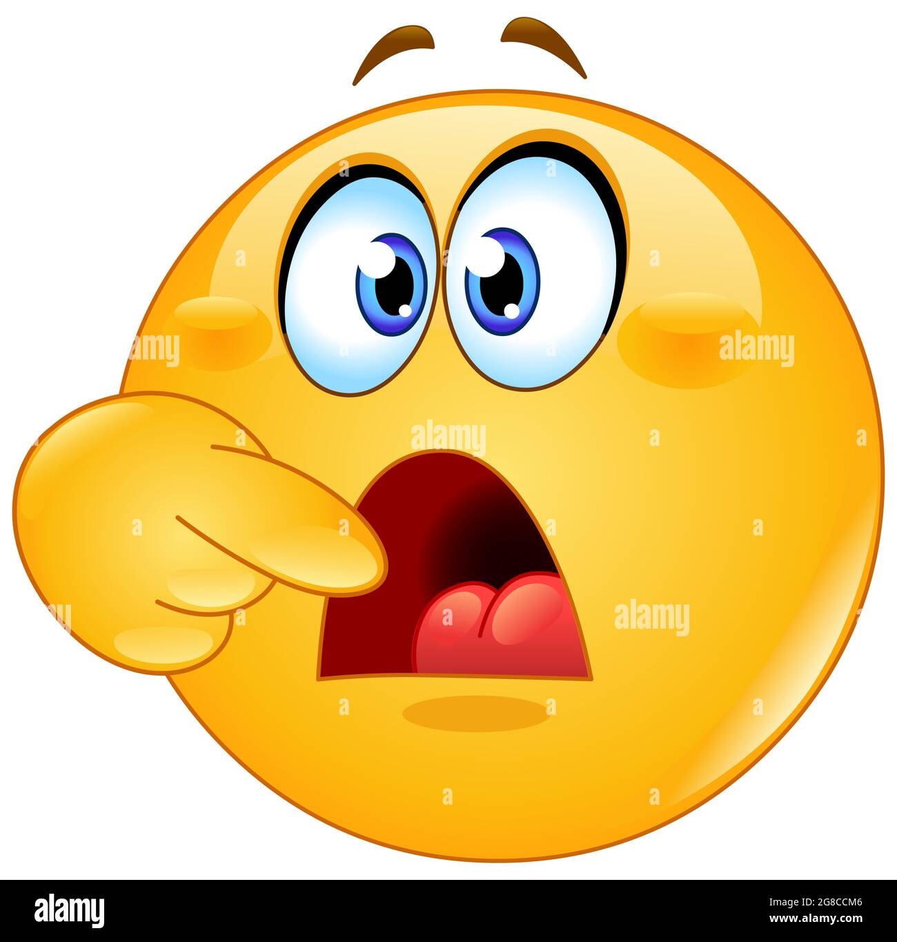 Hungry emoji emoticon asking for food by pointing to his open mouth. Stock Photo