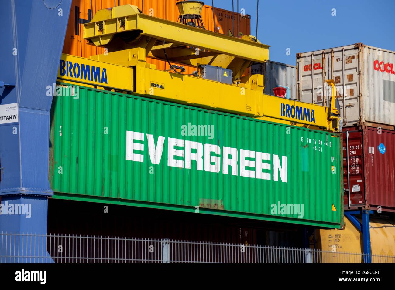 A Evergreen Line container being loaded at the port of Mannheim (Germany), July 19, 2021 Stock Photo