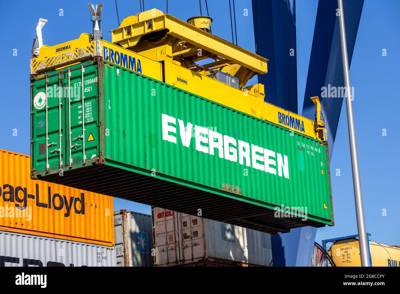 A Evergreen Line container being loaded at the port of Mannheim (Germany), July 19, 2021 Stock Photo