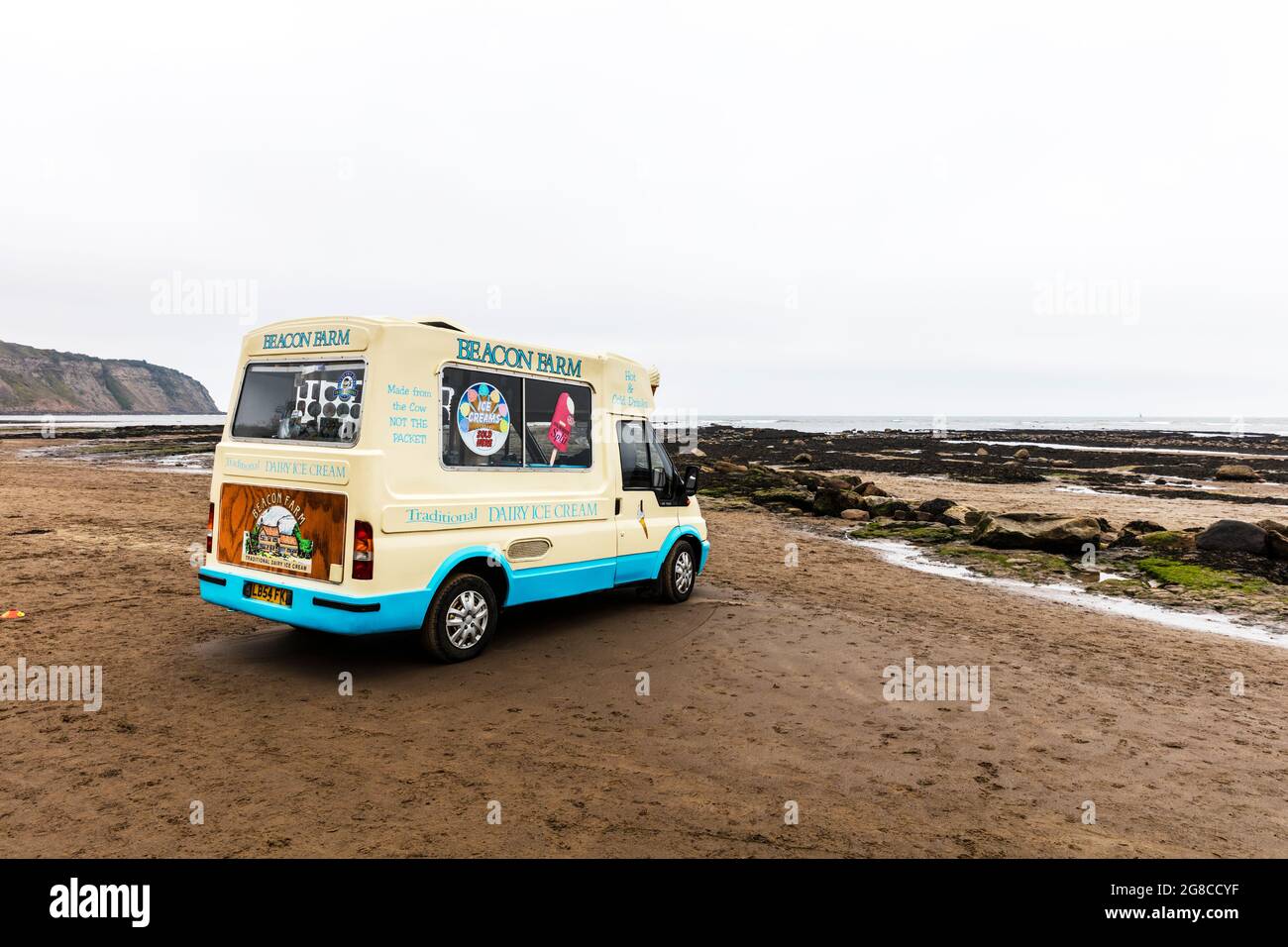 Ice Cream Van On The Beach At Robin Hoods Bay Yorkshire UK England