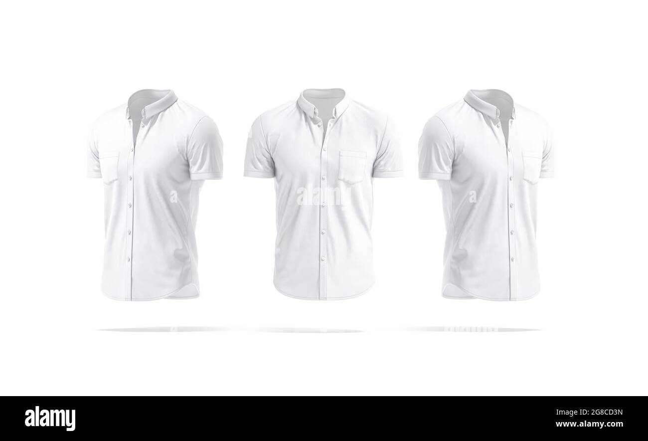 Blank white short sleeve button down shirt mockup, front side view, 3d  rendering. Empty men jersey blouse mock up, isolated. Clear fabric tshirt  with Stock Photo - Alamy
