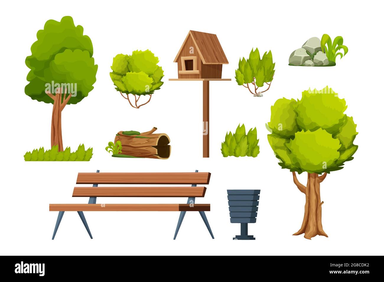 Park set of elements, wooden bench, trees, bush, stone with moss, old log, birdhouse, bin in cartoon style isolated on white background. Vector illustration Stock Vector