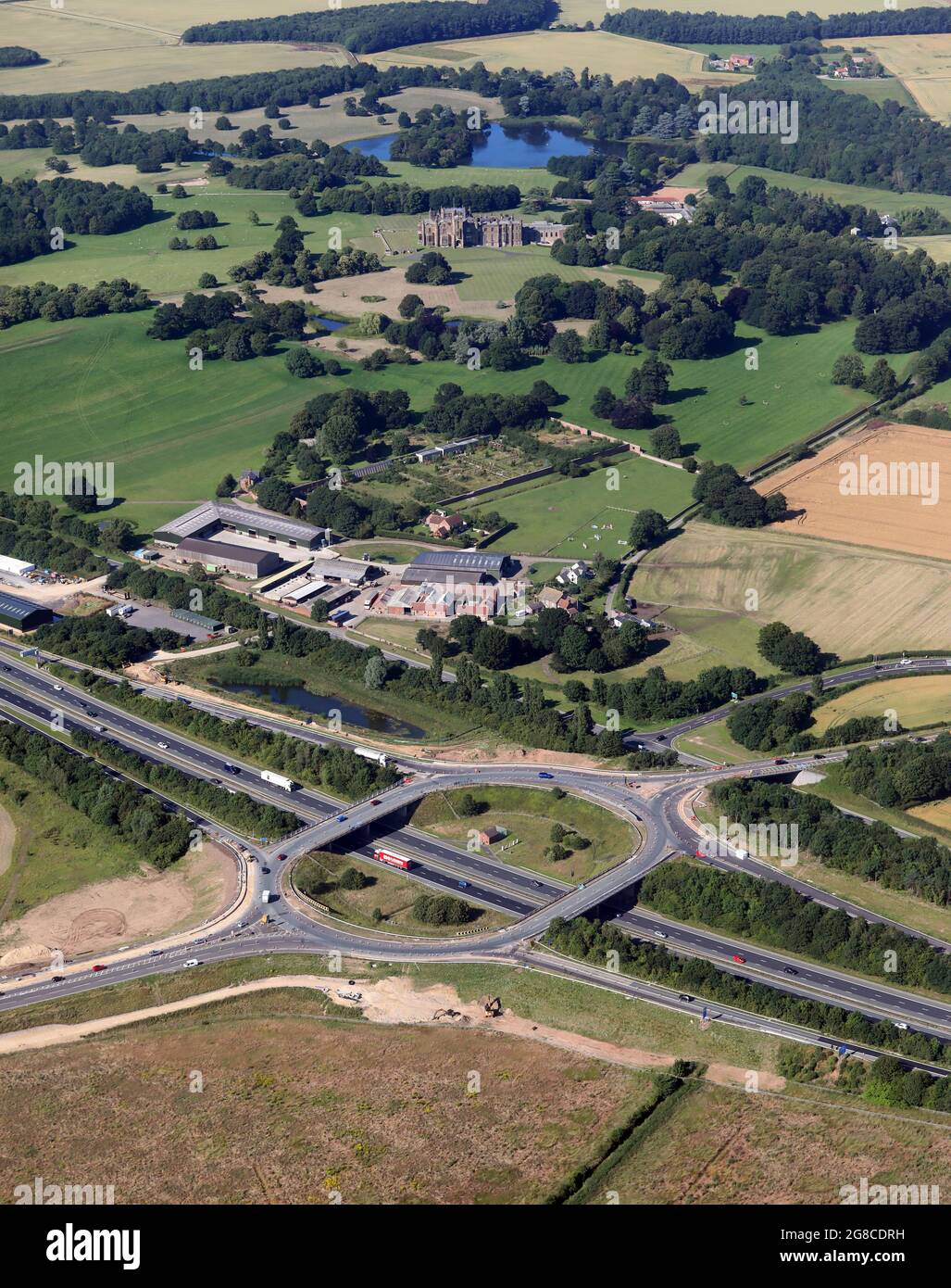 aerial view of J47 of the A1(M) at Allerton Mauleverer near Knaresborough, North Yorkshire (in the background is Allerton Castle in Allerton Park) Stock Photo
