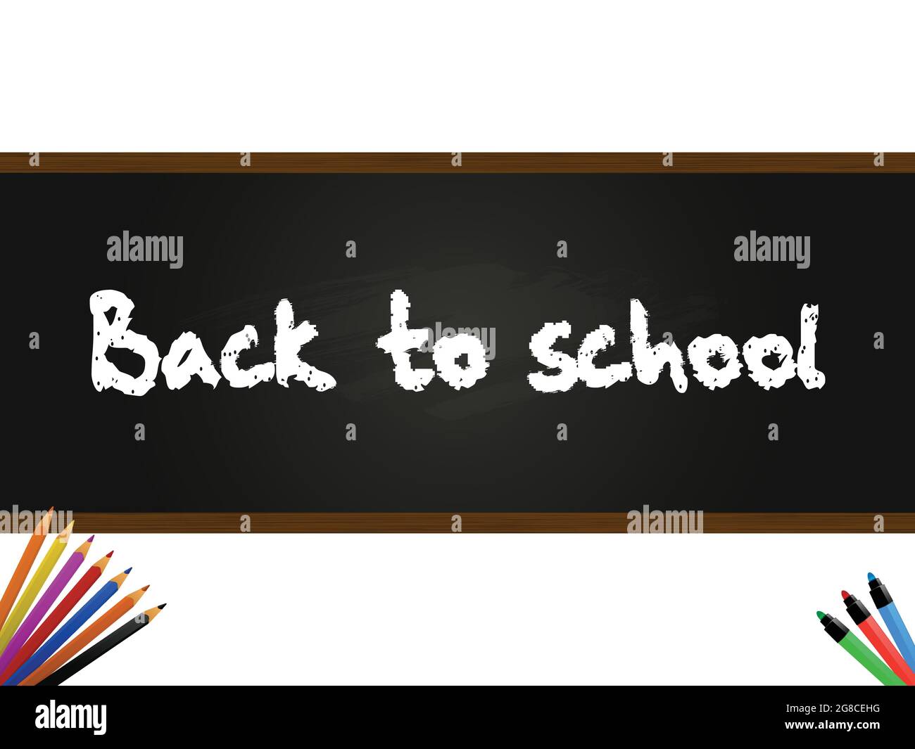 Back To School Decorative Text Over Black Board Panel With Top And Bottom Wooden Frame On White Background With Coloured Pencils And Markers Stock Vector