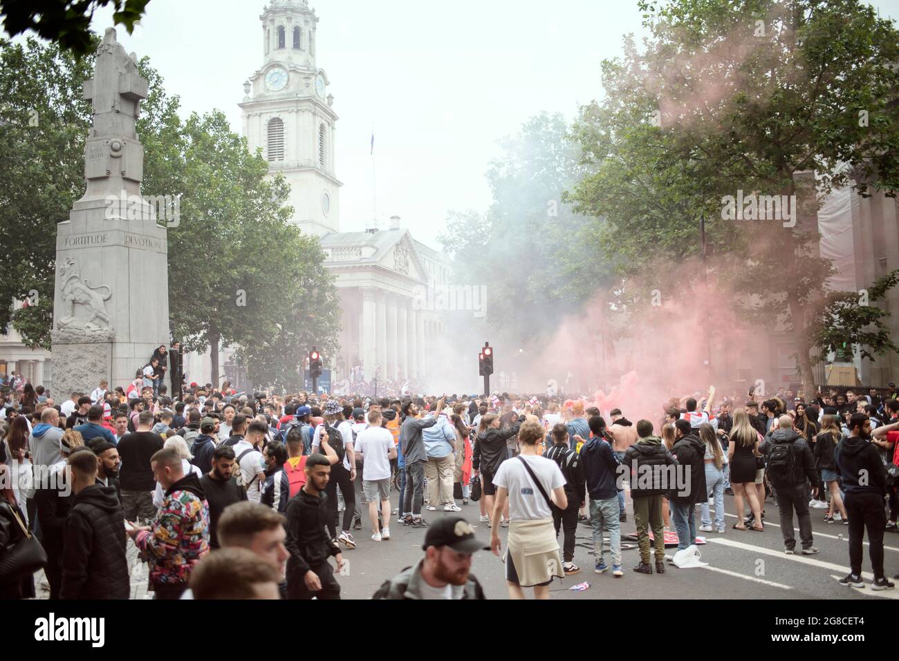 Supporters gathering just before the Euro 2020 Final England vs. Italy. Trafalgar Square, London, UK. 11 July, 2021 Stock Photo