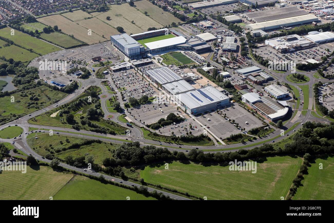 aerial view of the Vangarde Shopping Park, a shopping centre near York, North Yorkshire Stock Photo