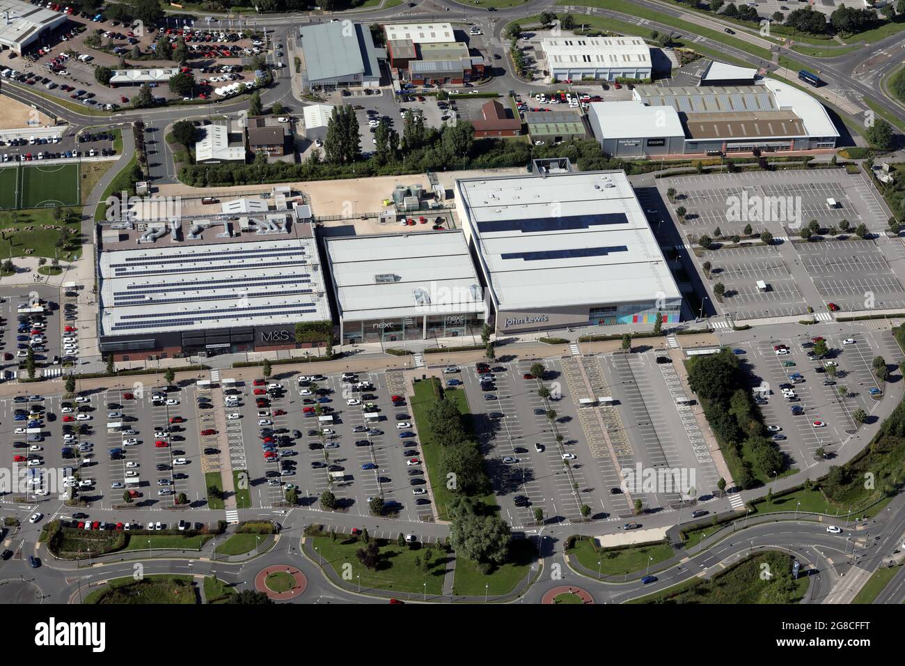 aerial view of the Vangarde Shopping Park, a shopping centre near York, North Yorkshire Stock Photo
