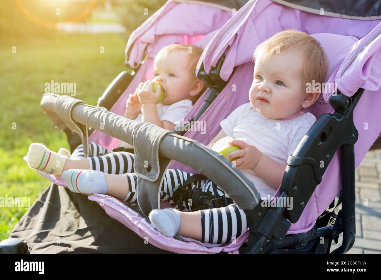 Twin children eat fruit. The concept proper baby food Stock Photo - Alamy
