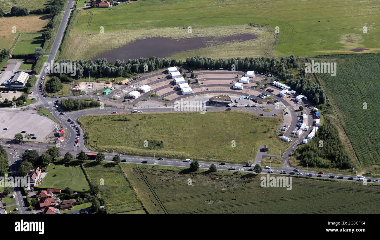 aerial view of Poppleton Bar Park & Ride, on the A59 road, West of York, North Yorkshire, currently being used as a vaccination centre Stock Photo