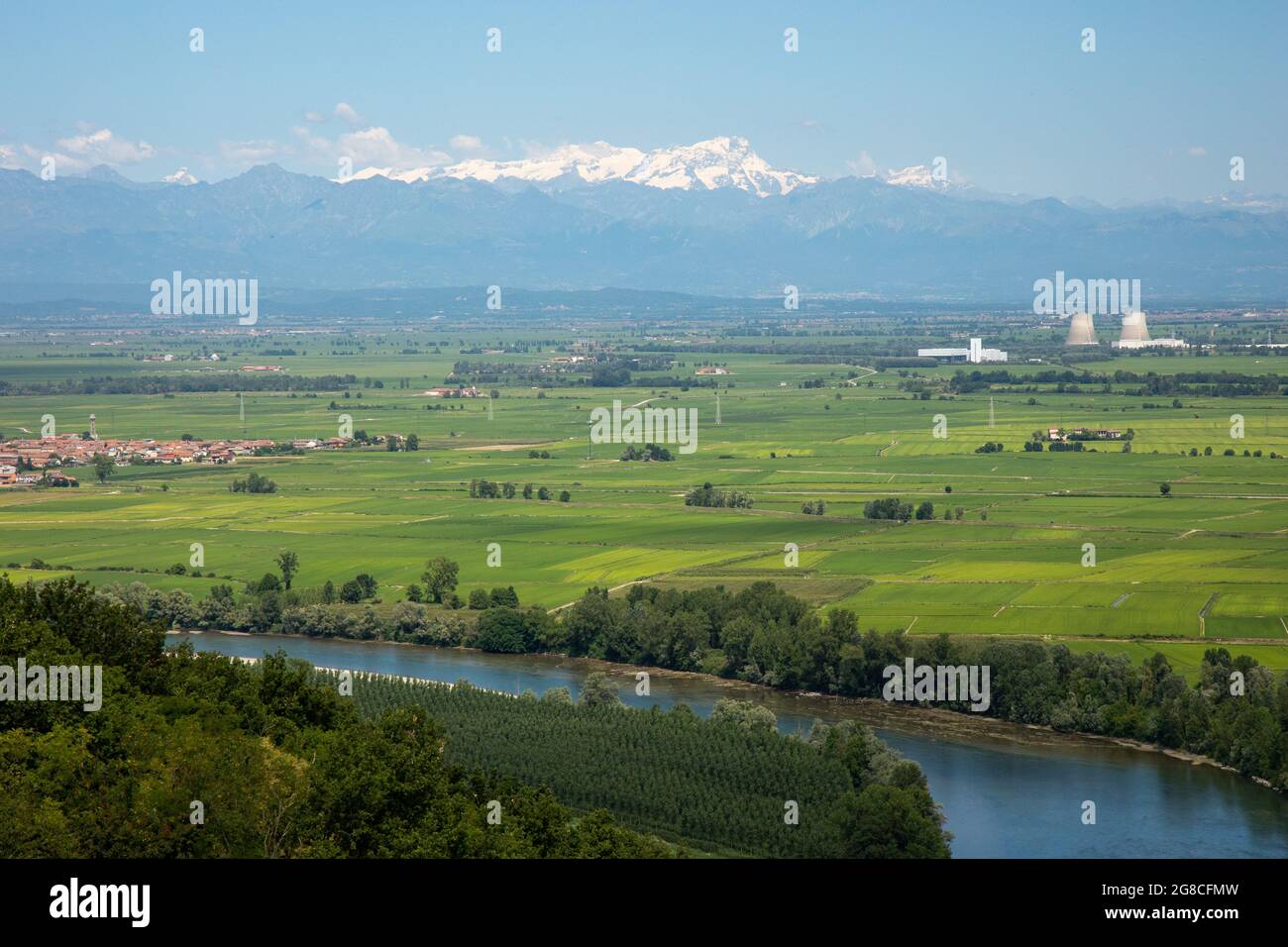 panoramic over Po river and Dismissed thermo nuclear power plant in Trino vercellese Stock Photo