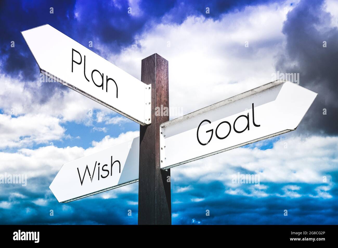 Plan, wish, goal concept signpost with three arrows Stock Photo Alamy