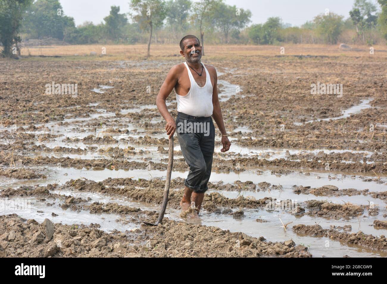 Indian farmer working in agriculture field Stock Photo