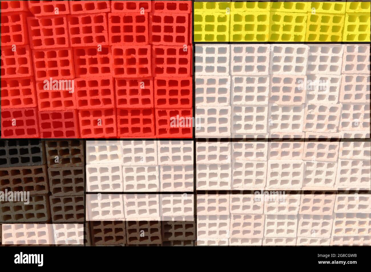 Blocks. Pile of building blocks in Brazil, South America, abstract style photo, background scene with edition in the multicolored Mondrian painter st Stock Photo