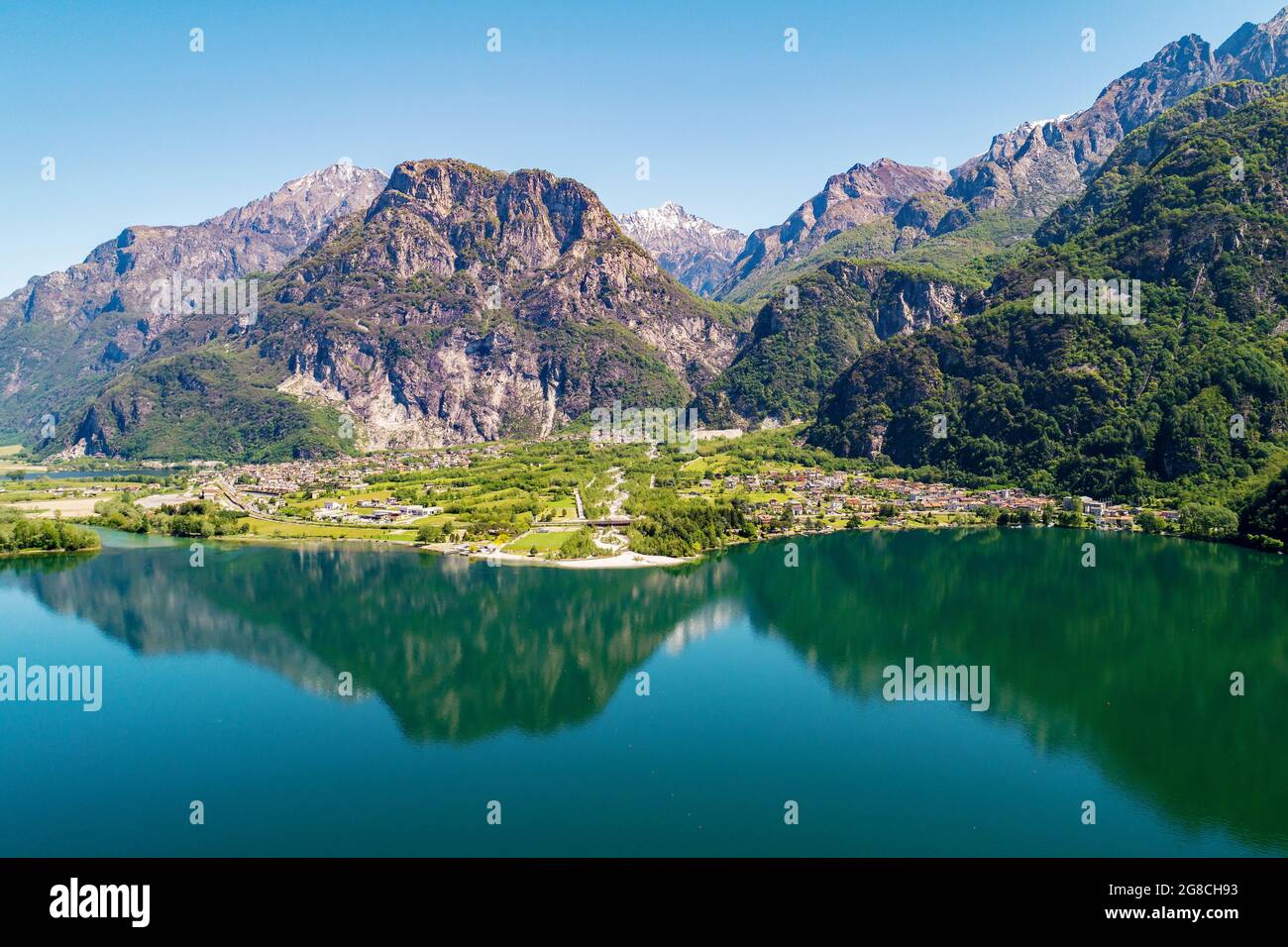 Lake of Novate Mezzola, Valchiavenna (IT), Campo and Val Codera, aerial view Stock Photo