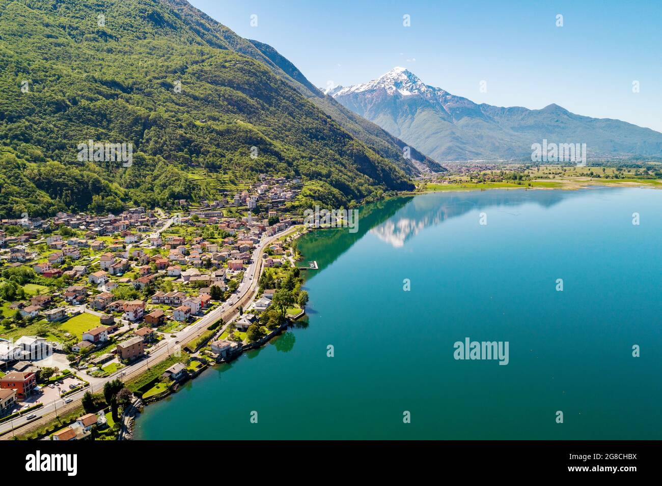 Lake of Novate Mezzola, Valchiavenna (IT), Verceia, aerial view Stock Photo