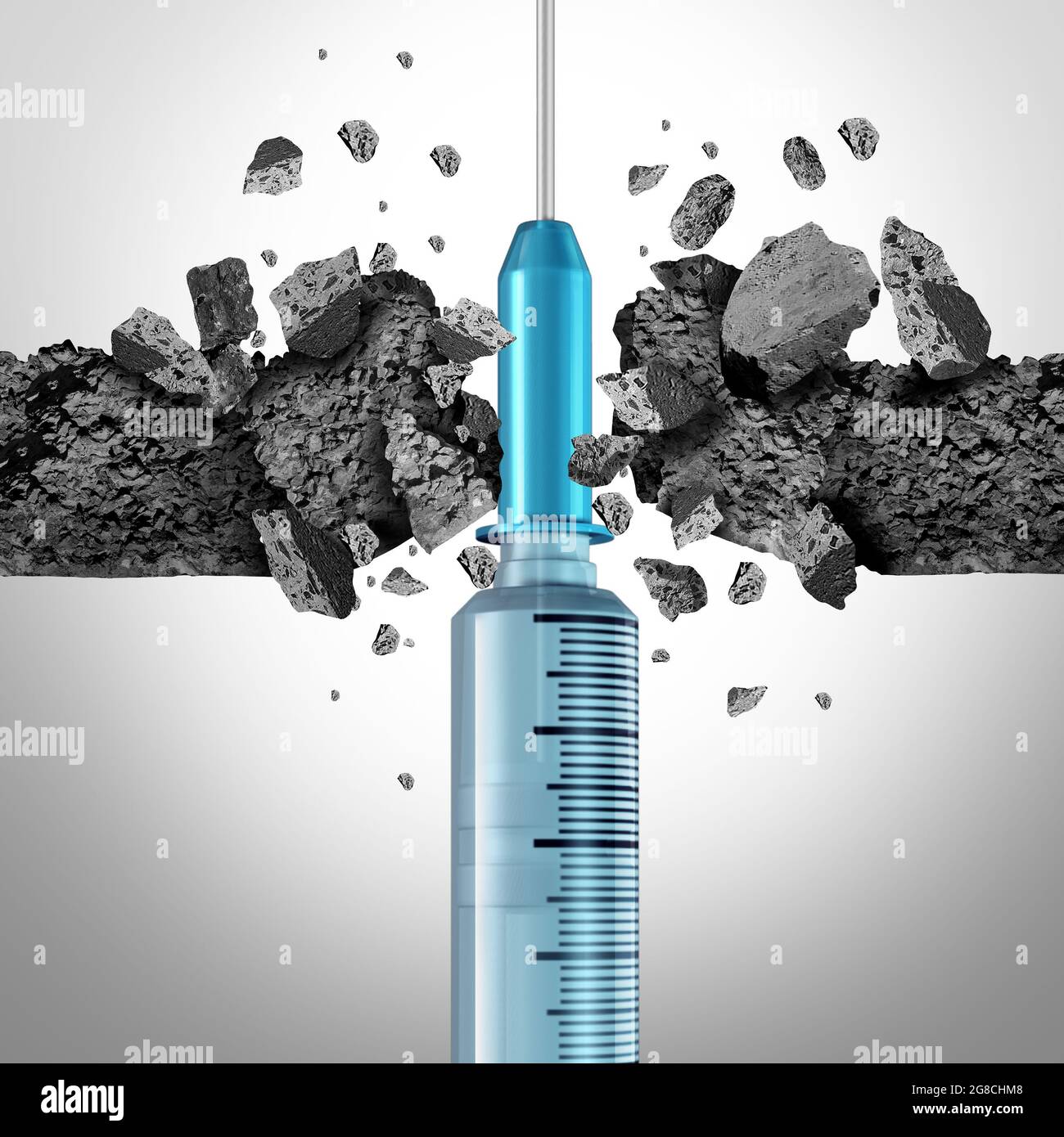 Vaccine breakthrough and virus vaccination success as medication and flu or coronavirus medical cure and disease prevention as a syringe. Stock Photo