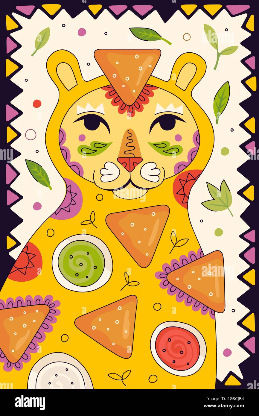 Mexican fast food nachos hand drawn poster for mexico cuisine restaurant menu. Eatery advertising banner with Latin American puma cougar and traditional snack nacho and guacamole, salsa, cheese sauce Stock Vector
