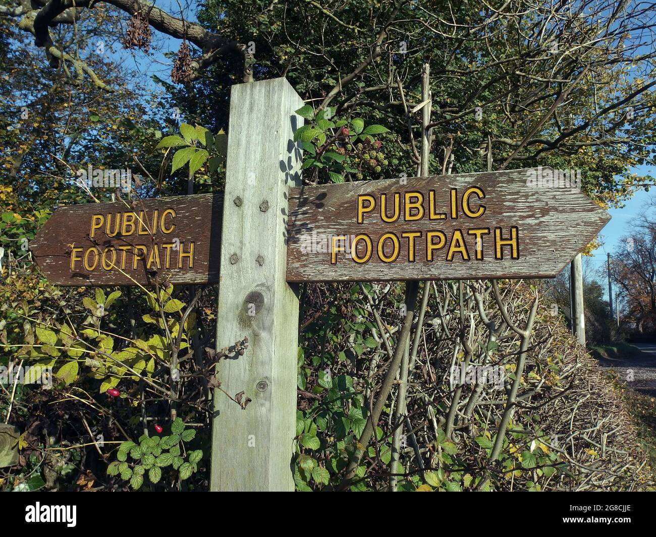 A Public Footpath post in the village of Berksell, Warwickshire. Stock Photo