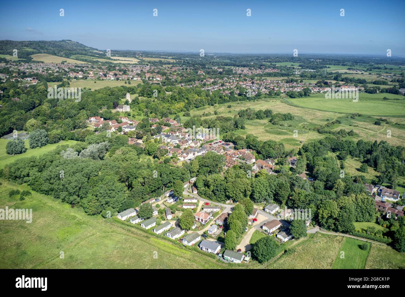 Bramber village aerial with Bramber Castle and St Nicholas Church in