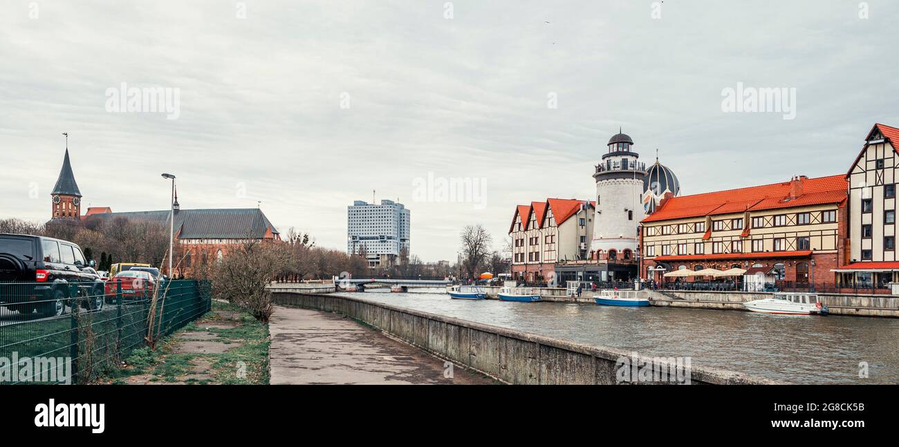 Fish Village, House of Soviets and the Cathedral on the banks of the river Pregolya Stock Photo
