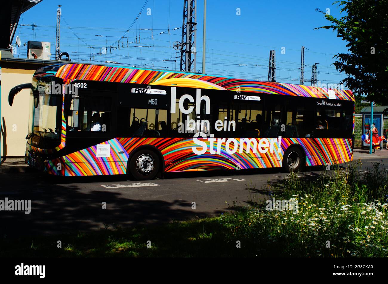 FRANKFURT, GERMANY - Jun 13, 2021: One of the first electric buses in Frankfurt, Germany. 'Ich bin ein Stromer' means 'I am electric'. Part of a susta Stock Photo