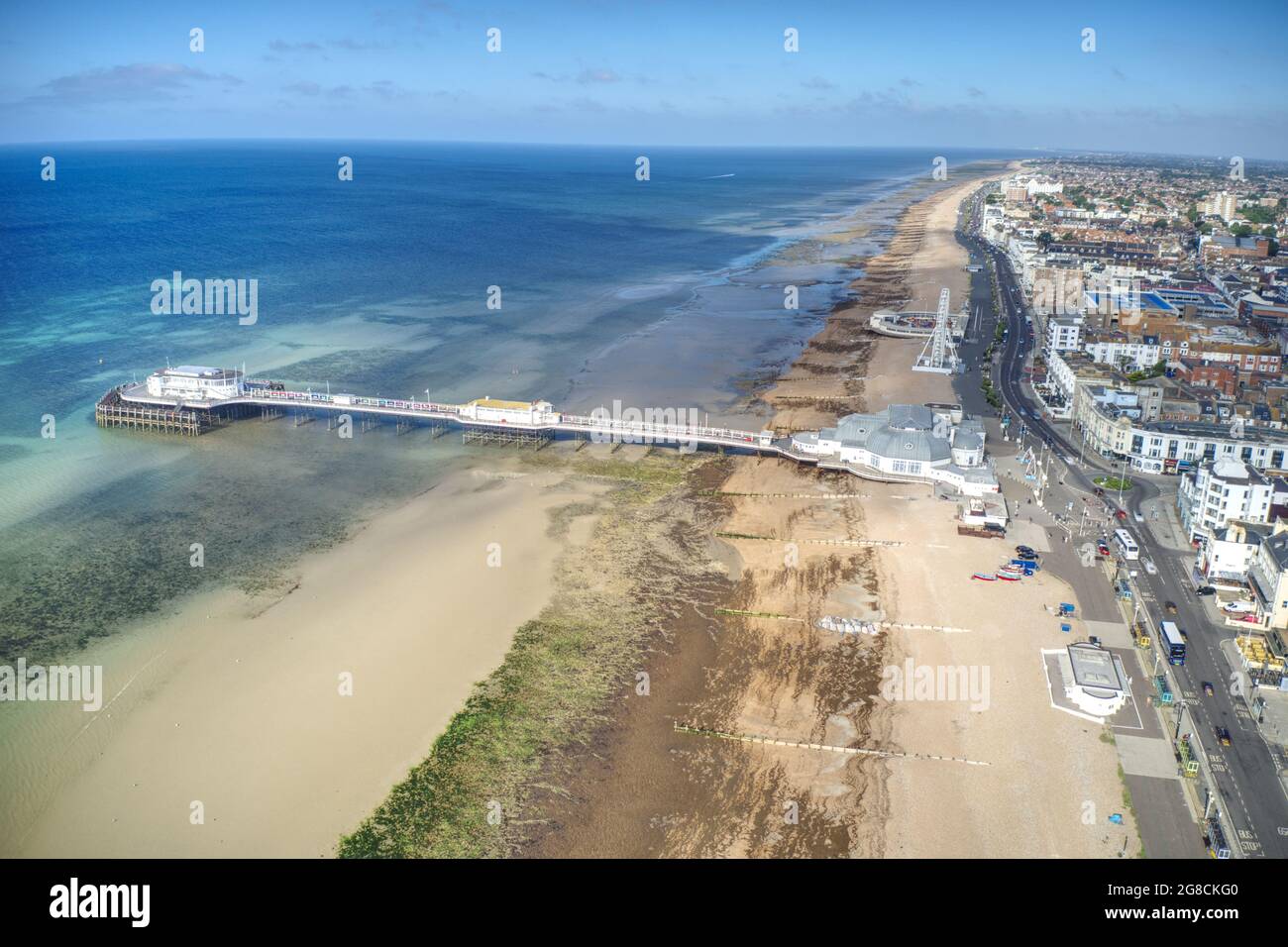 Aerial view of Worthing Pier and Worthing Marine Parade and seafront