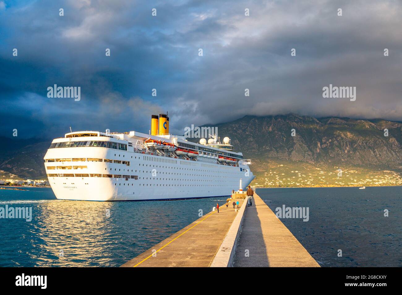 Costa neo Classica Cruise ship leaving the port of Kalamata city, Messenia, Greece Stock Photo
