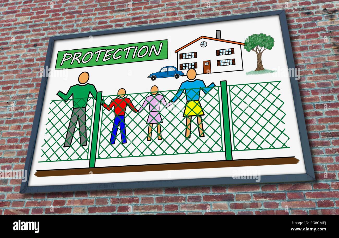 Protection concept drawn on a billboard fixed on a brick wall Stock ...