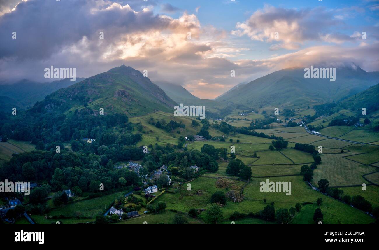 Helm Crag and Dunmail Raise at Grasmere Lake District at sunset Stock Photo