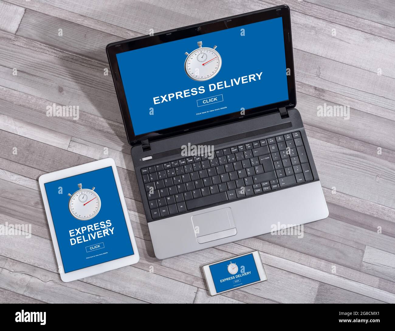 Express delivery concept shown on different information technology ...