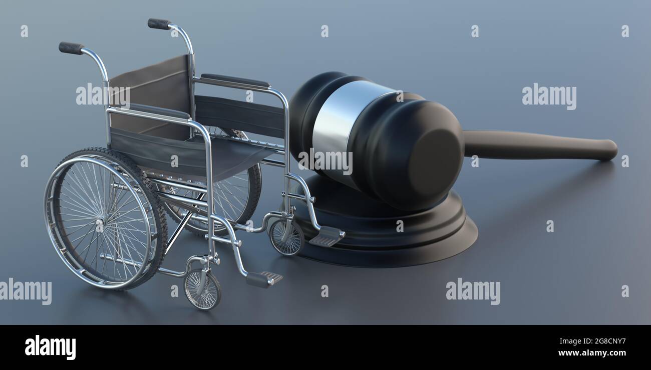 Wheelchair and judge gavel on gray background. Law for disabled people