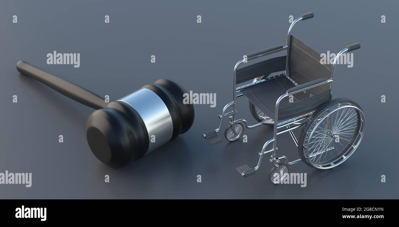 Wheelchair and judge gavel on gray background. Law for disabled people