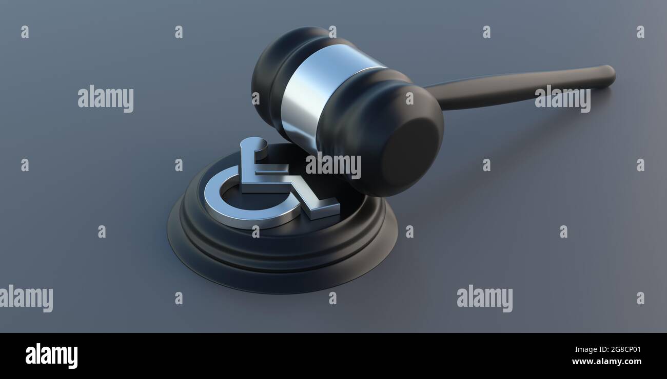 Wheelchair sign icon and judge gavel on gray background. Law for