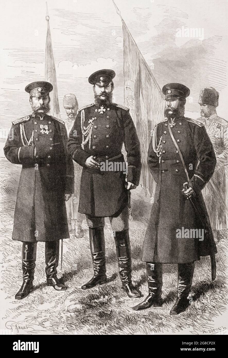 Caucasian Army General Staff, left to right, - Prince Dmitry Ivanovich Svyatopolk-Mirsky 1825–1899. Imperial Russian Army general, politician and member of the princely Svyatopolk-Mirsky family.  Grand Duke Michael Nikolaevich of Russia,1832 – 1909. Nominal Commander-in-Chief of the Russian troops during the Russo-Turkish War (1877-1878), and appointed Field Marshal General in April 1878.  Count Mikhail Tarielovich Loris-Melikov, 1824 - 1888.  Russian-Armenian statesman, General of the Cavalry, and Adjutant General of H. I. M. Retinue.  From Russes et Turcs, La Guerre D'Orient, published 1878. Stock Photo