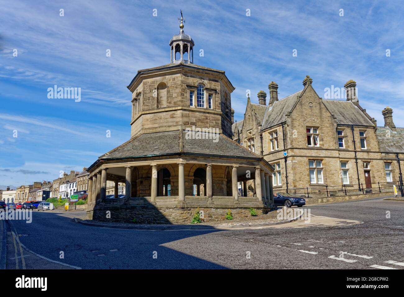 View of Market Cross in the centre of historic town of Barnard Castle ...