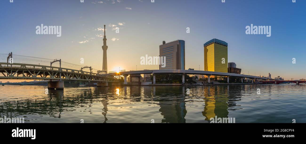 Tokyo, Japan - October 26, 2017 : Tokyo Japan, sunrise panorama city skyline at Sumida River and Sky Tree Stock Photo