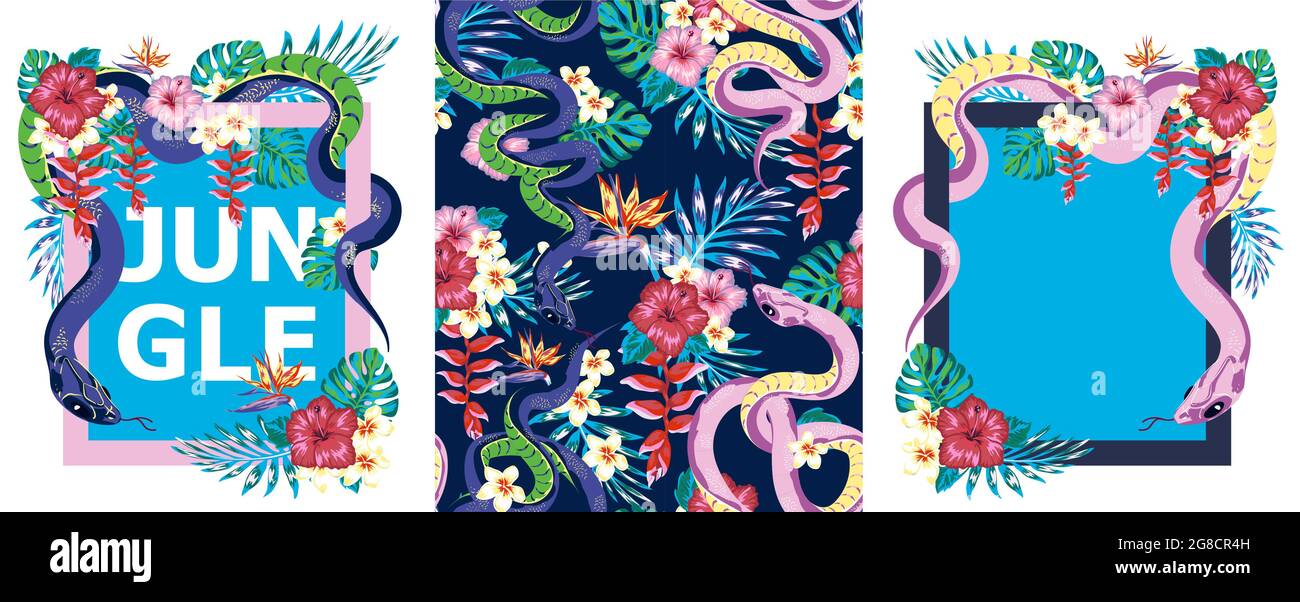 set of frame designs with snake and tropis flowers in the jungle, jungle  pattern swatch, t shirt print, sticker design Stock Vector Image \u0026 Art -  Alamy