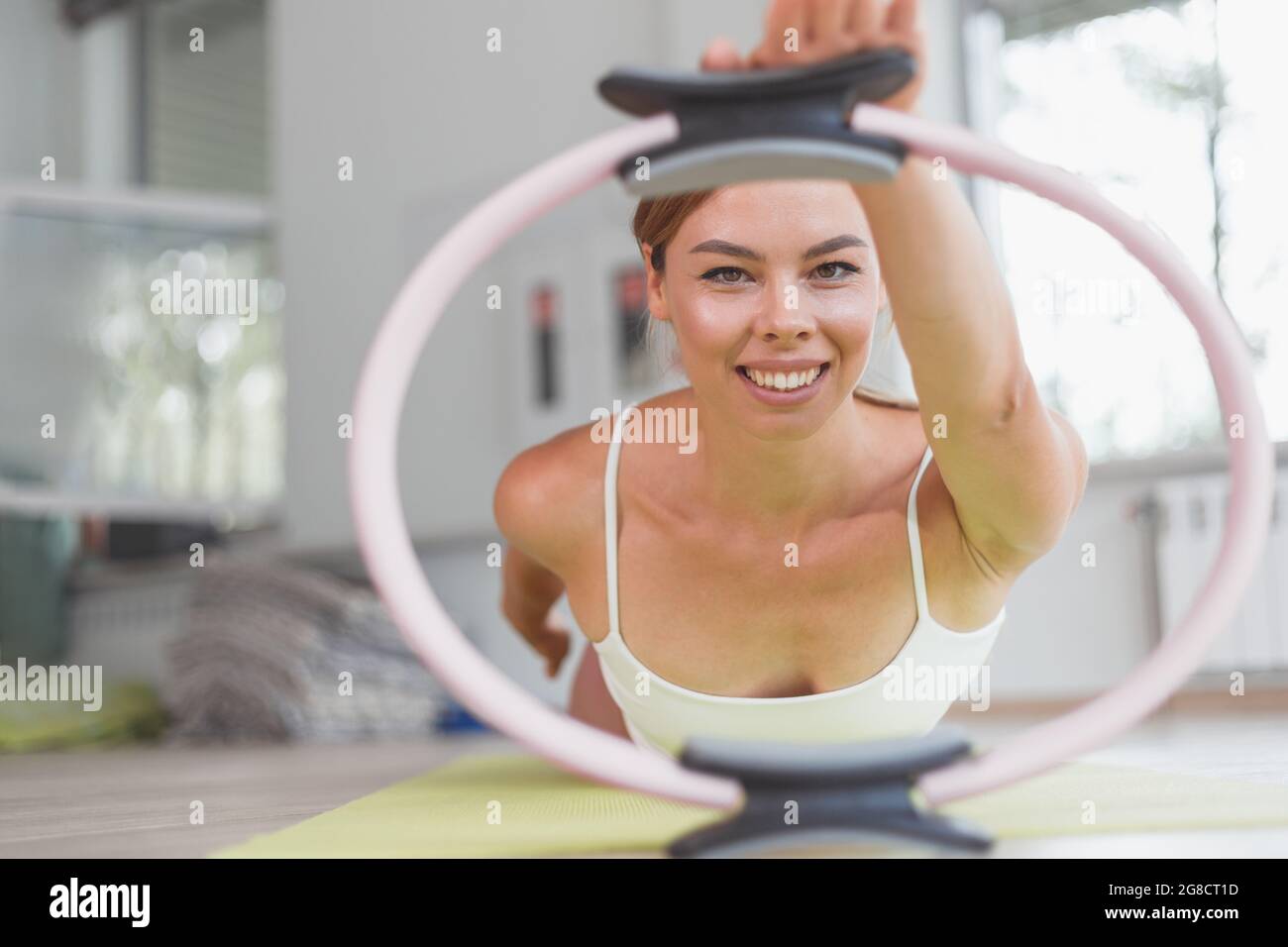 Exercises with pilates ring woman aerobics sport gym stock photo alamy
