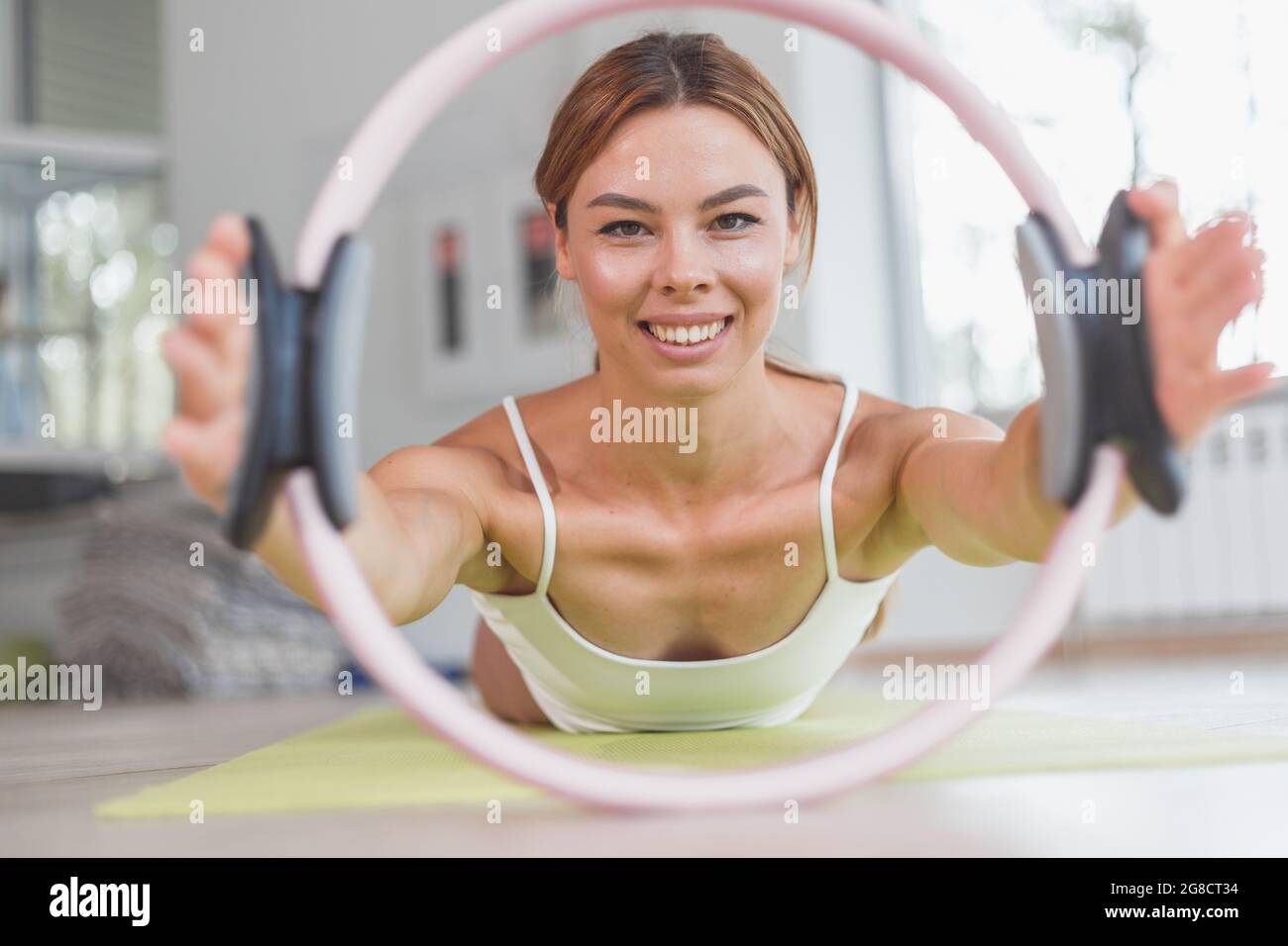 Exercises with pilates ring woman aerobics sport gym stock photo alamy
