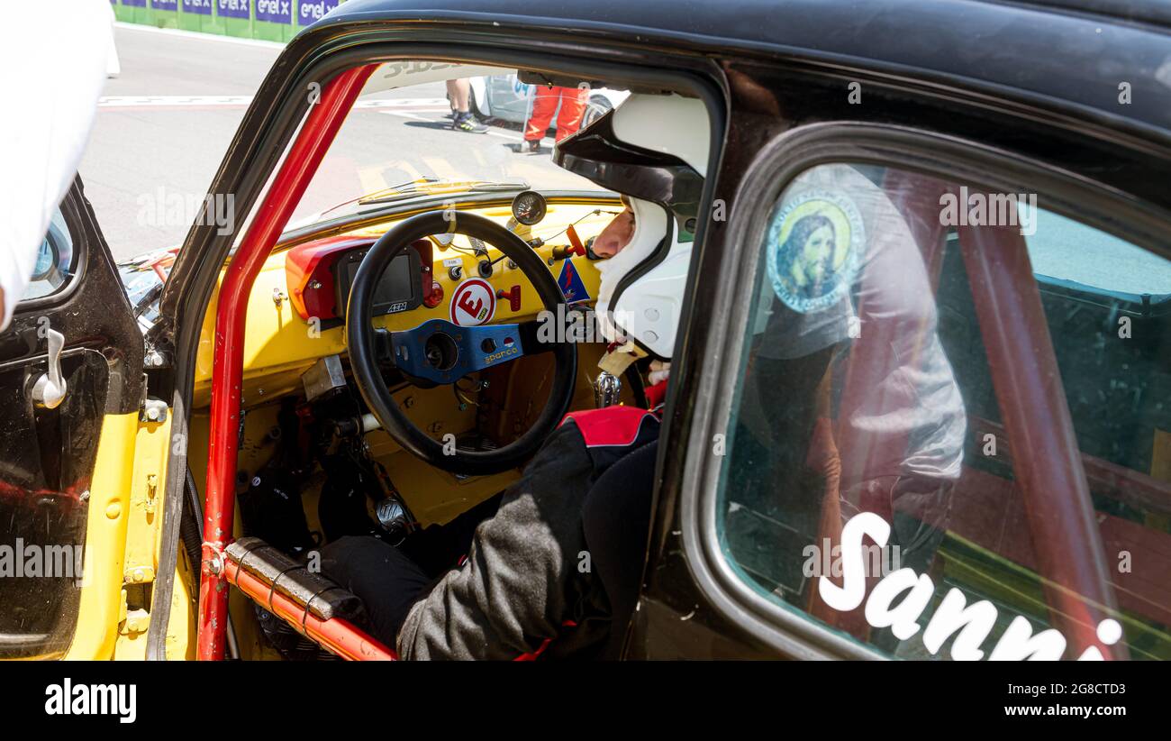 Vallelunga June 13 2021, Fx series racing. Fiat 500 old classic italian racing mini car driver cockpit and steering wheel close up Stock Photo