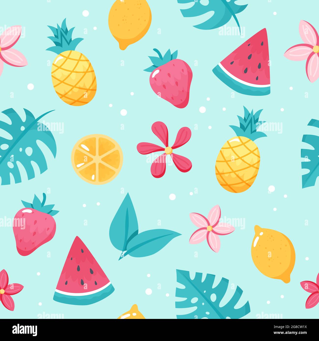 Summer fruits pattern. Cute watermelon, pineapple, lemon, leaves. Hand