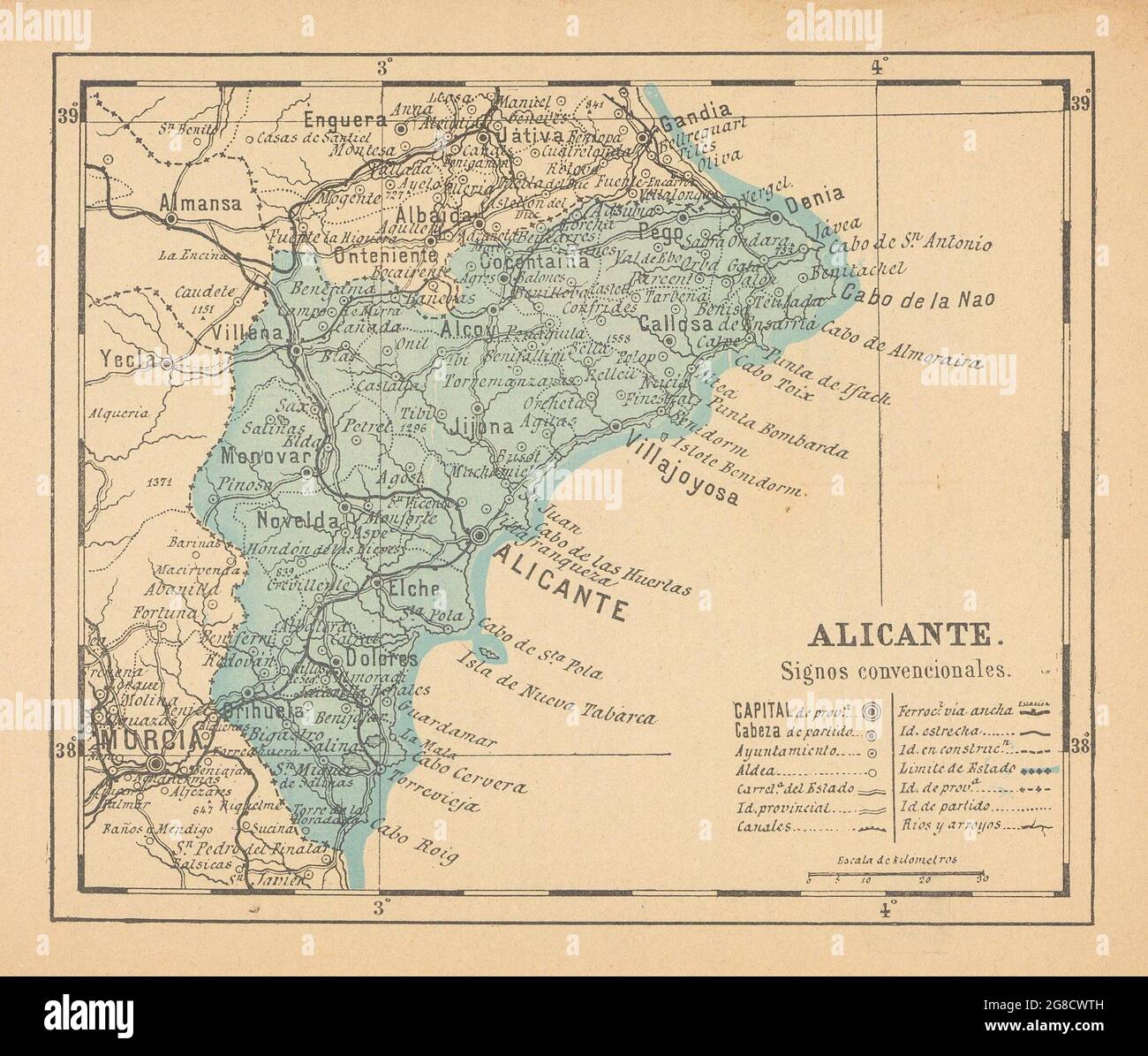 ALICANTE. Alacant. Comunitat/Comunidad Valenciana. Mapa antiguo provincia 1914 Stock Photo