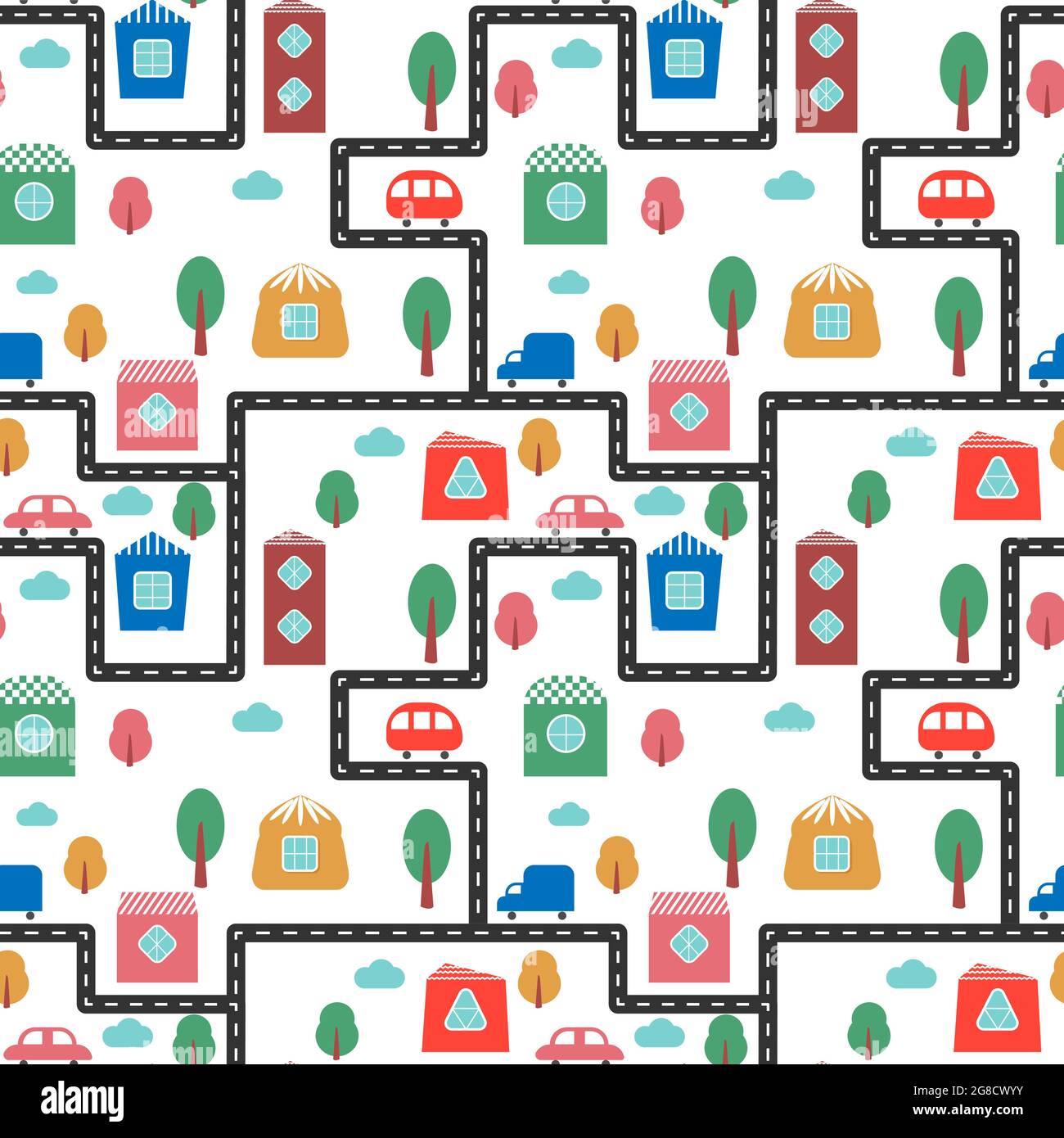 Colorful pattern with cute houses, cars, trees and road. Town vector illustration Stock Vector