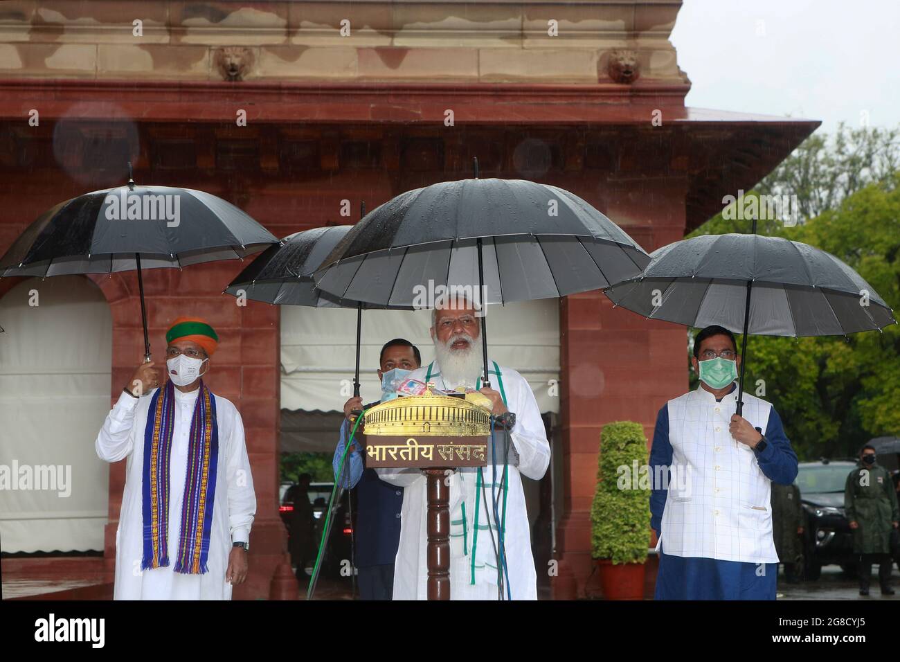 India's prime minister Narendra Modi,(Centre) addresses the media on the opening day of the Monsoon session at Parliament House in New Delhi. Stock Photo