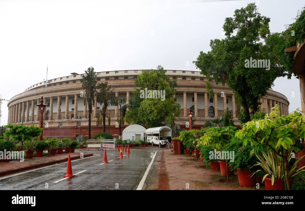 General view of the Indian Parliament building on the opening day of the Monsoon session in New Delhi. Stock Photo