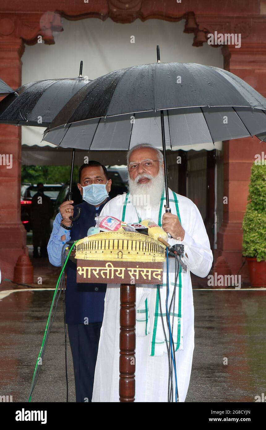 India's prime minister Narendra Modi, addresses the media on the opening day of the Monsoon session at Parliament House in New Delhi. Stock Photo