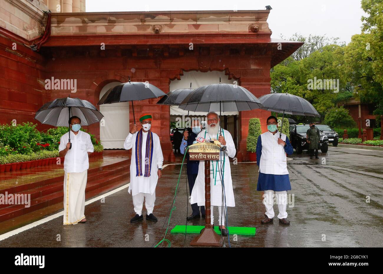 India's prime minister Narendra Modi,(Centre) addresses the media on the opening day of the Monsoon session at Parliament House in New Delhi, India. Stock Photo