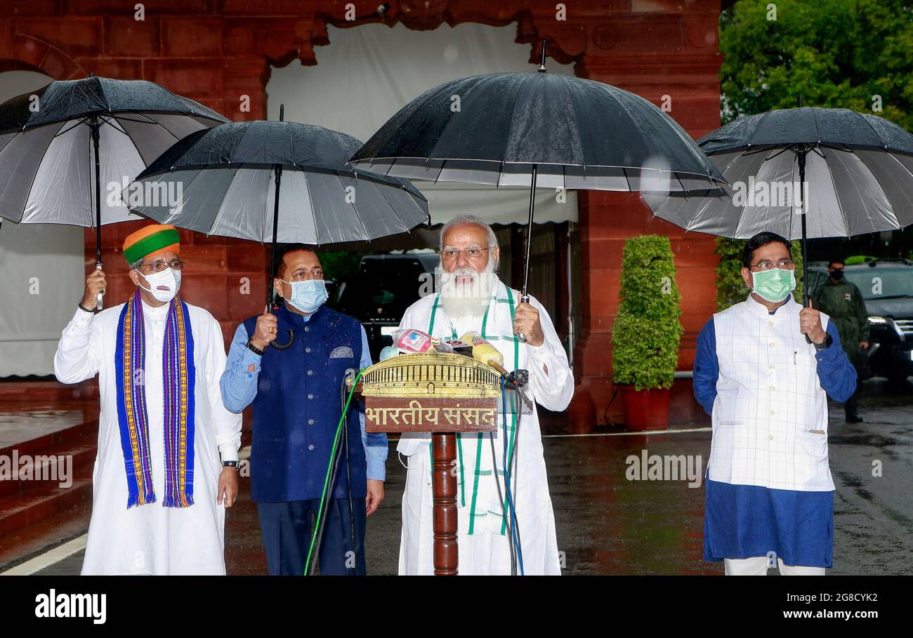 India's prime minister Narendra Modi,(Centre) addresses the media on the opening day of the Monsoon session at Parliament House in New Delhi. Stock Photo