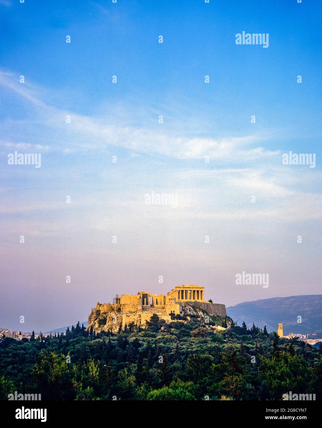 Athens, Parthenon temple atop the Acropolis hill at sunset, archaeological site, Greece, Europe, Stock Photo