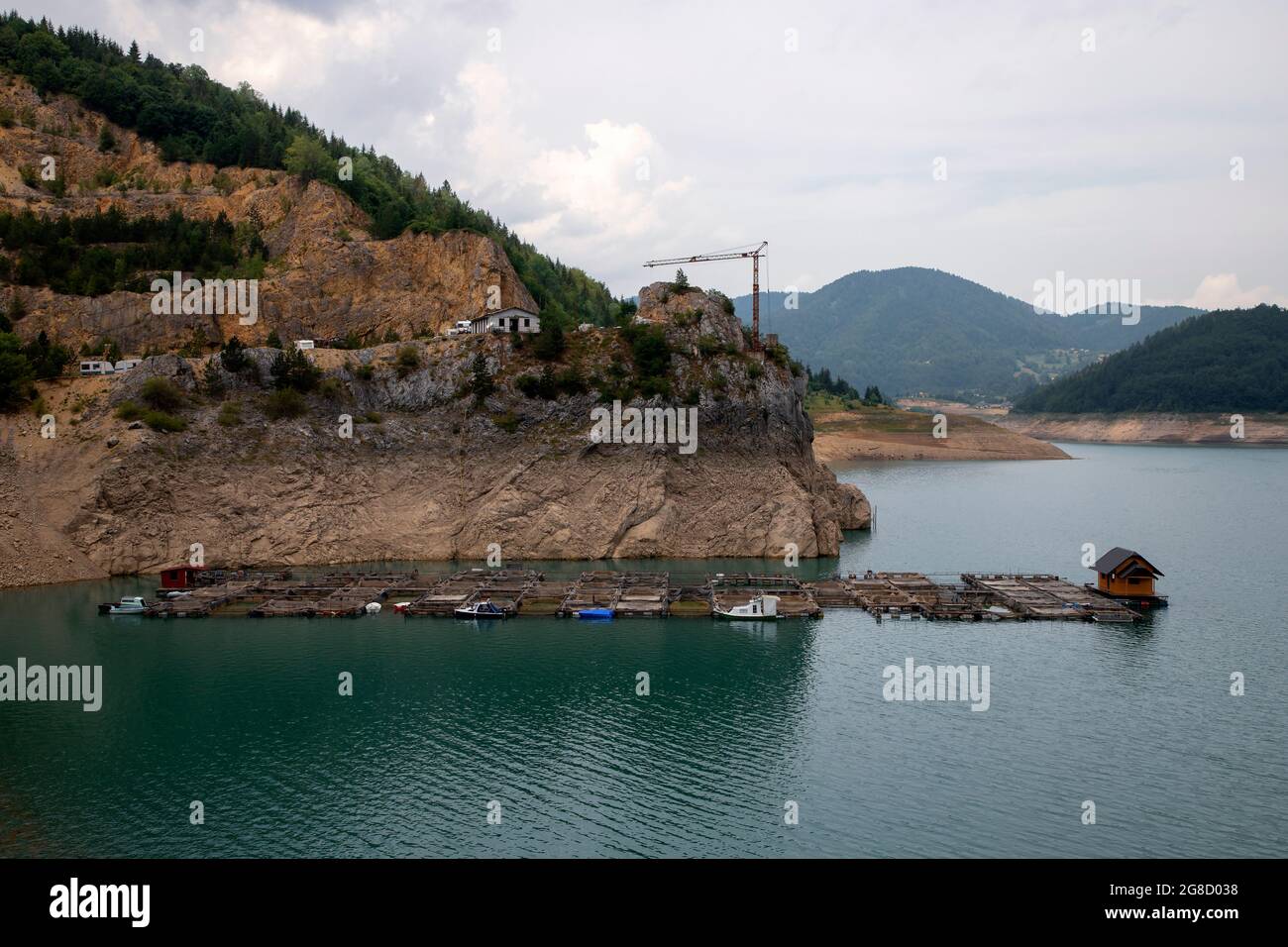 Serbia - Floating cages of trout farm on the Tara Mountain at Lake Zaovine Stock Photo